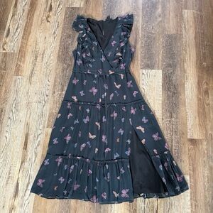 PAIGE Basil Black Midi Dress with Butterfly Print and Ruffles
